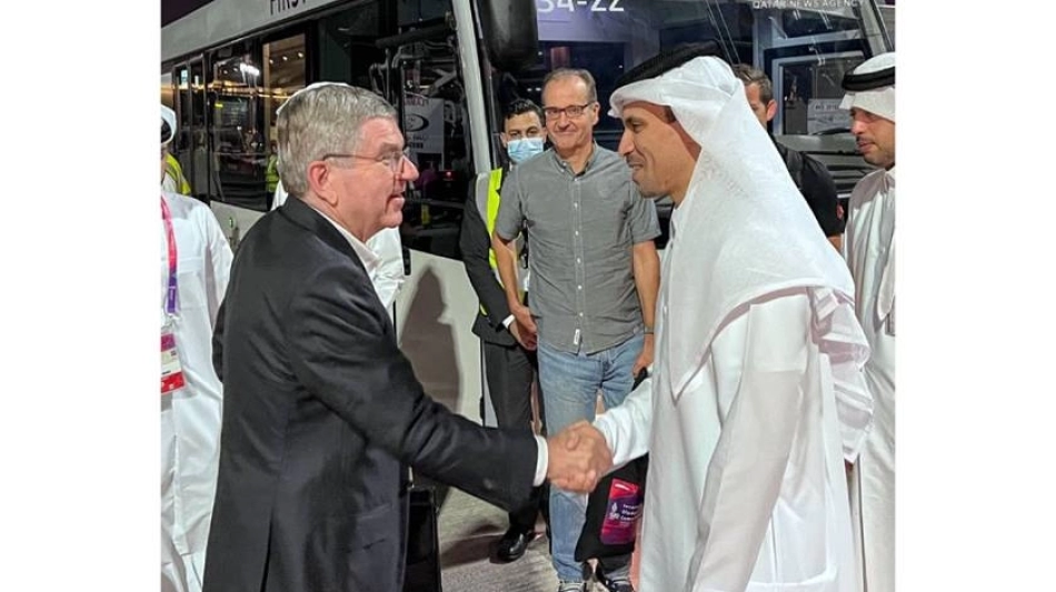 Dr. Thomas Bach being welcomed by HE Jassim bin Rashid Al Buainain: QNA