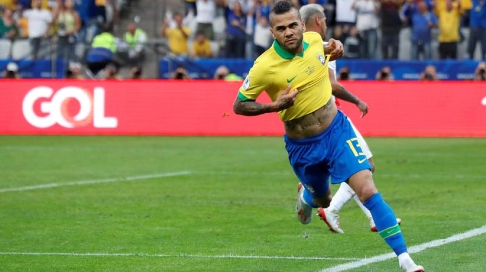 Brazil's Dani Alves celebrates scoring their fourth goal during the Copa America Brazil 2019 match against Peru at the Arena Corinthians, Sao Paulo, Brazil, on June 22, 2019. File Photo / Reuters