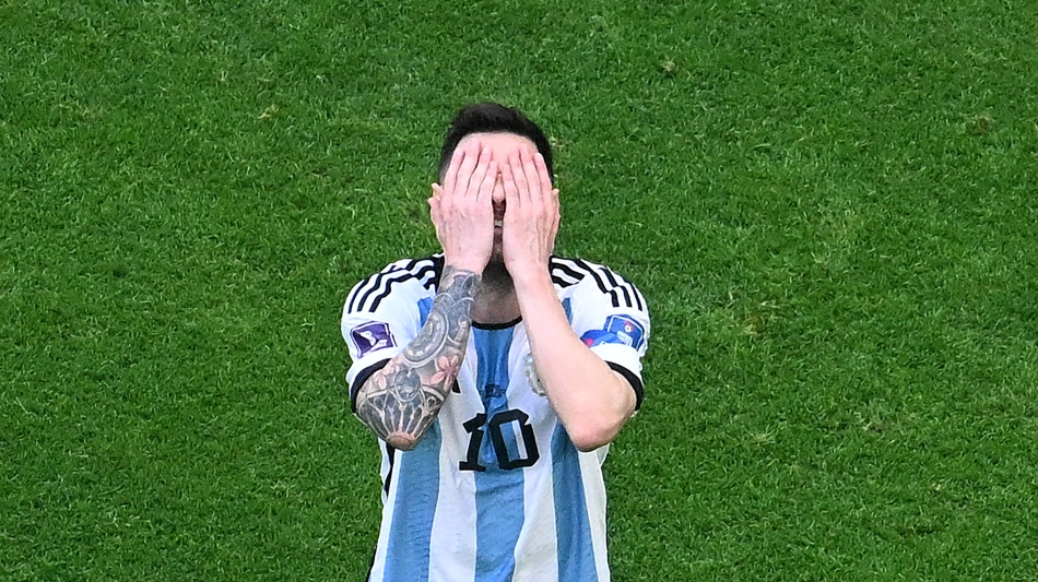 Argentina superstar Lionel Messi reacts during their match against Saudi Arabia at the Lusail Stadium on November 22: AFP/Antonin Thuillier