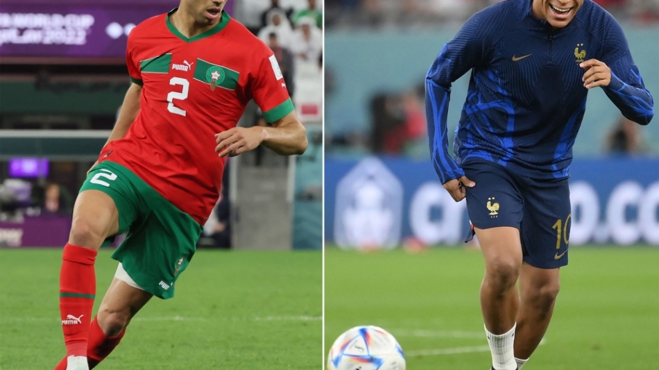 This combination picture created on December 12, 2022 during the FIFA World Cup shows Morocco's Achraf Hakimi (left) on December 6, 2022 and France's Kylian Mbappe in Doha on November 30, 2022.  (Photo by Jack GUEZ and Franck FIFE / AFP)