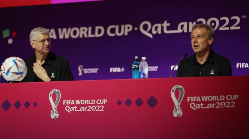 FIFA Chief of Global Football Development Arsene Wenger and Technical Study Group member Jurgen Klinsmann during a FIFA World Cup Qatar 2022  press conference at the Main Media Center, Doha, Qatar, on November 19, 2022.  Reuters
