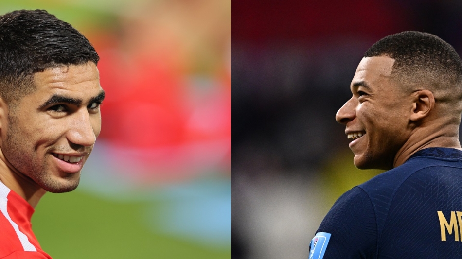 Moroccan star Achraf Hakimi, left, and French ace Kylian Mbappe: AFP/Karim Jaafar and Gabriel Bouys