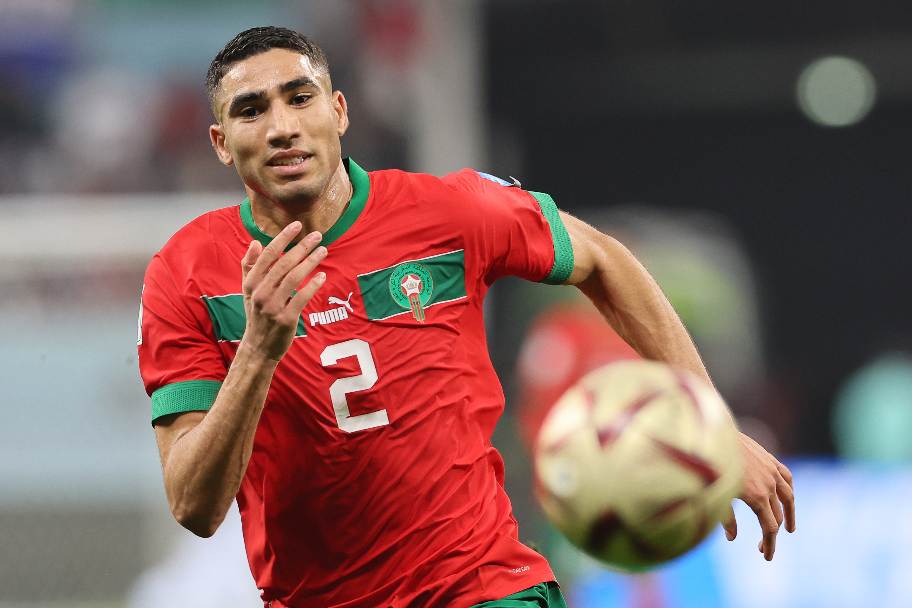 221214) -- AL KHOR, Dec. 14, 2022 -- Achraf Hakimi of Morocco, wearing the  jersey of