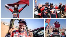 ناصر العطية احتفالا بالفوز برالي دكار