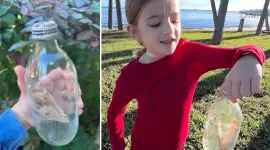 الرسالة والزجاجة الأصلية في يد الطفل الذي عثر عليهما