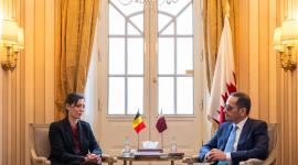 معالي الشيخ محمد بن عبدالرحمن بن جاسم آل ثاني رئيس مجلس الوزراء وزير الخارجية مع وزيرة الخارجية والشؤون الأوروبية والتجارة الخارجية والمؤسسات الثقافية الاتحادية بمملكة بلجيكا