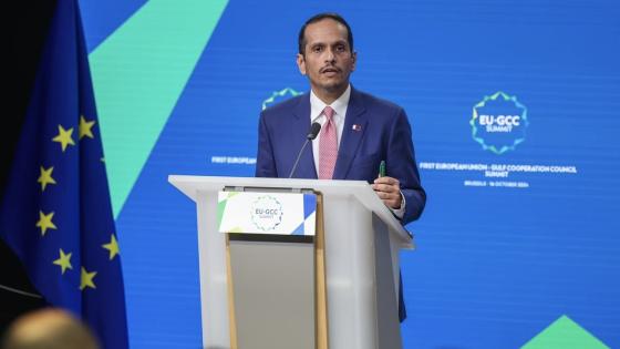 معالي الشيخ محمد بن عبدالرحمن بن جاسم آل ثاني رئيس مجلس الوزراء وزير الخارجية خلال المؤتمر الصحفي