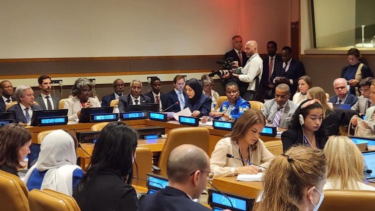 سعادة الشيخة علياء أحمد بن سيف آل ثاني المندوب الدائم لدولة قطر لدى الأمم المتحدة أثناء إلقاء البيان