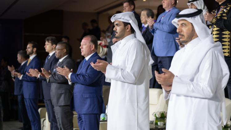 سعادة الشيخ جوعان بن حمد آل ثاني رئيس اللجنة الأولمبية القطرية خلال حفل الافتتاح