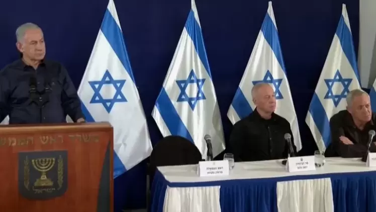 مجلس الحرب الإسرائيلي خلال مؤتمر صحفي مساء أمس