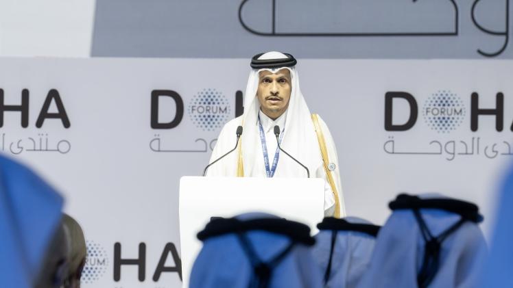 معالي الشيخ محمد بن عبدالرحمن بن جاسم آل ثاني رئيس مجلس الوزراء وزير الخارجية خلال إلقاء كلمته في الحفل الافتتاحي